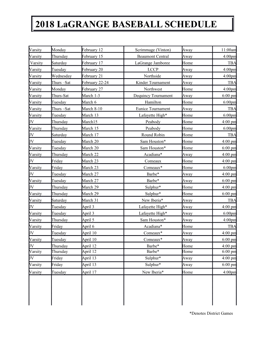 2018 Lagrange BASEBALL SCHEDULE