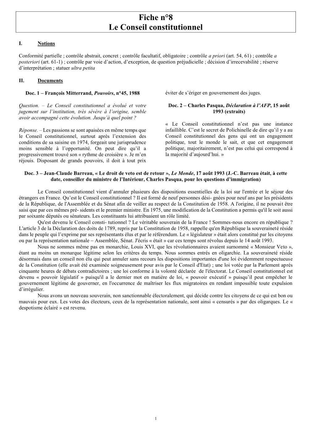 Fiche N°8 Le Conseil Constitutionnel