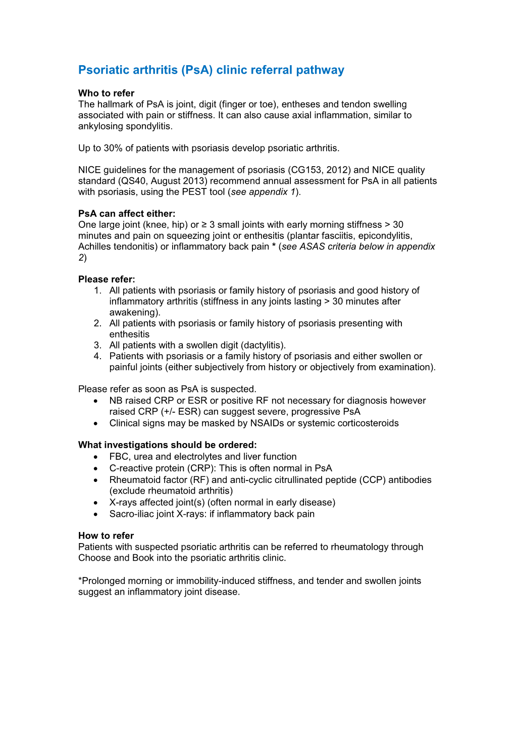 Psoriatic Arthritis (Psa) Clinic Referral Pathway