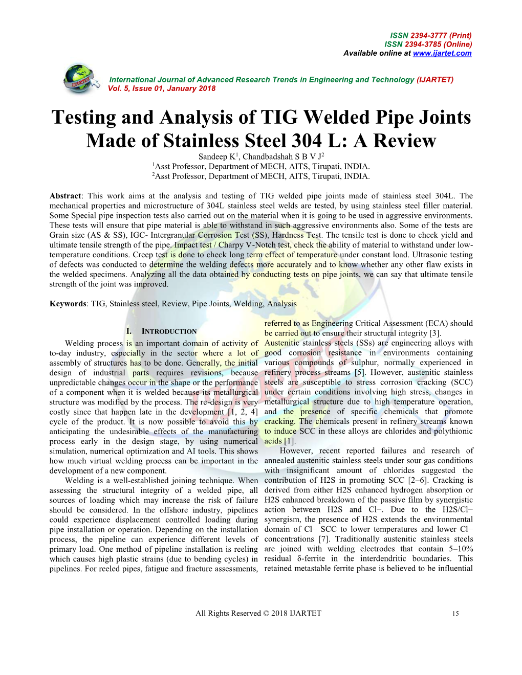 Testing and Analysis of TIG Welded Pipe Joints Made of Stainless Steel