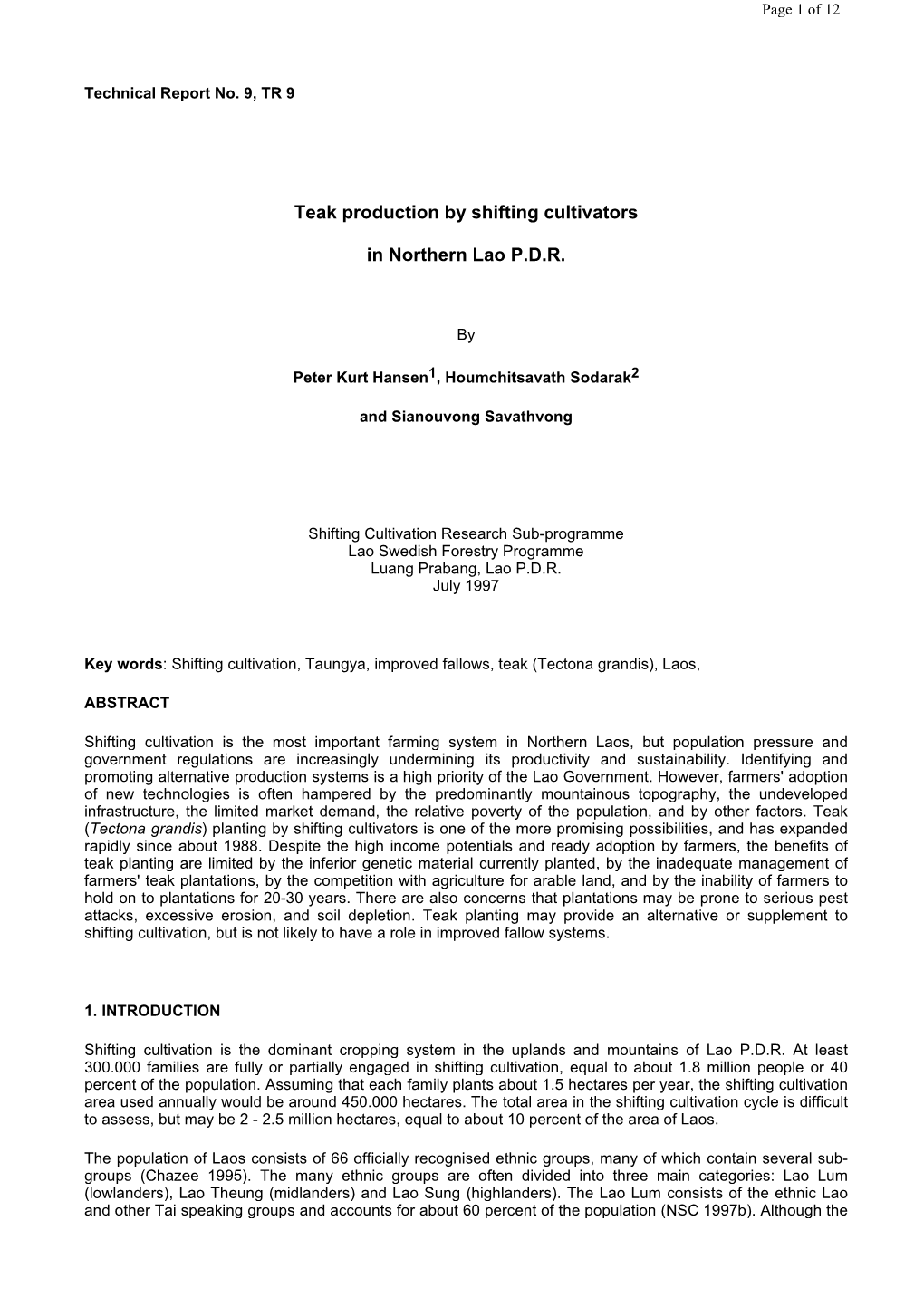 Teak Production by Shifting Cultivators in Northern Lao P.D.R