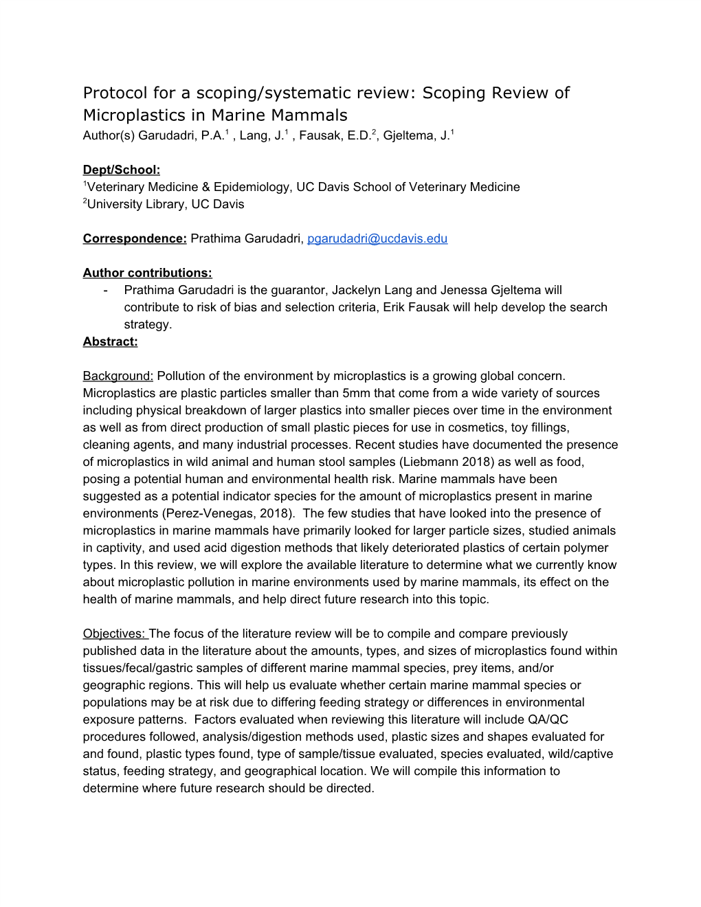 Scoping Review of Microplastics in Marine Mammals 1 1 2 1 Author(S) Garudadri, P.A