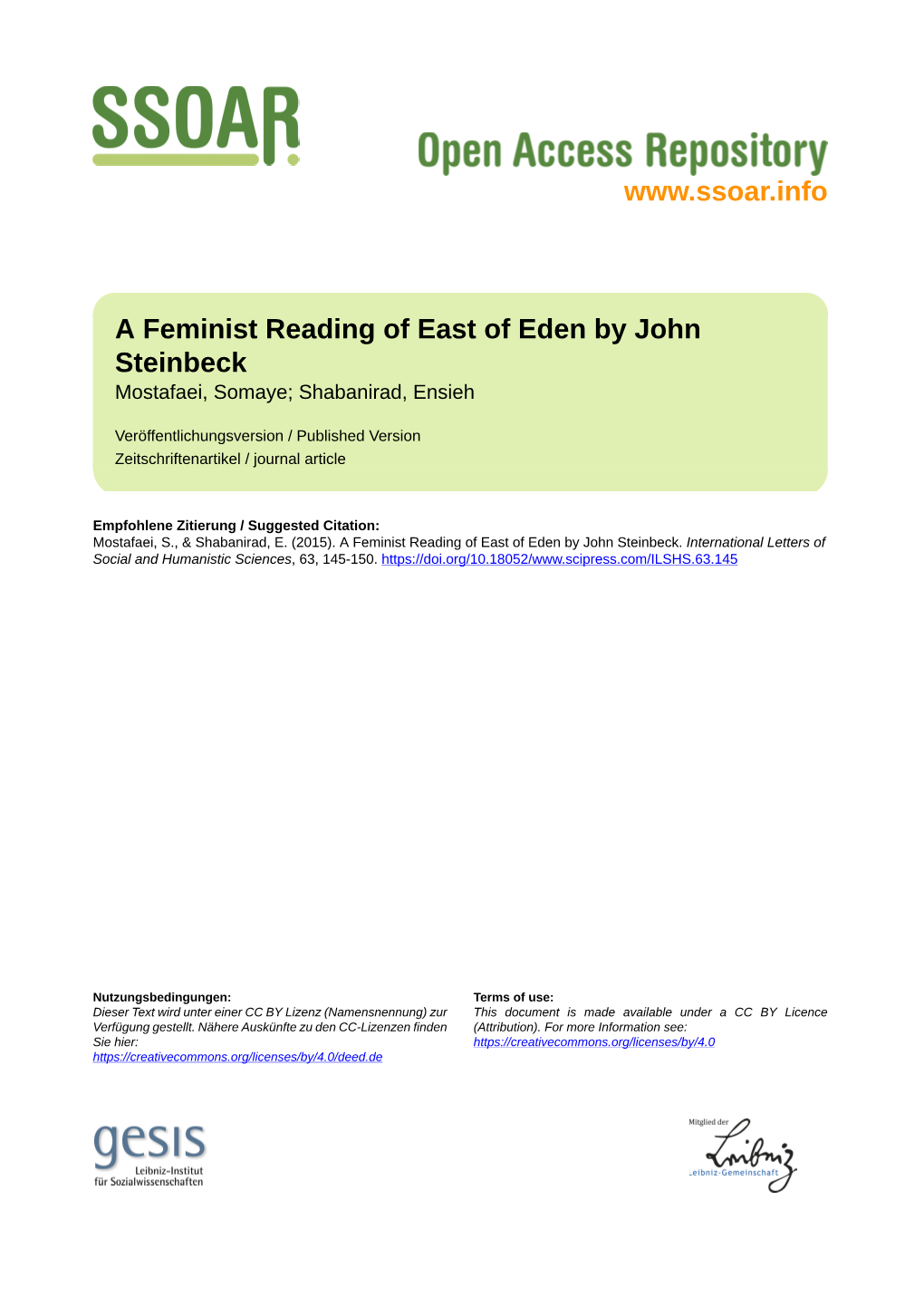 A Feminist Reading of East of Eden by John Steinbeck Mostafaei, Somaye; Shabanirad, Ensieh