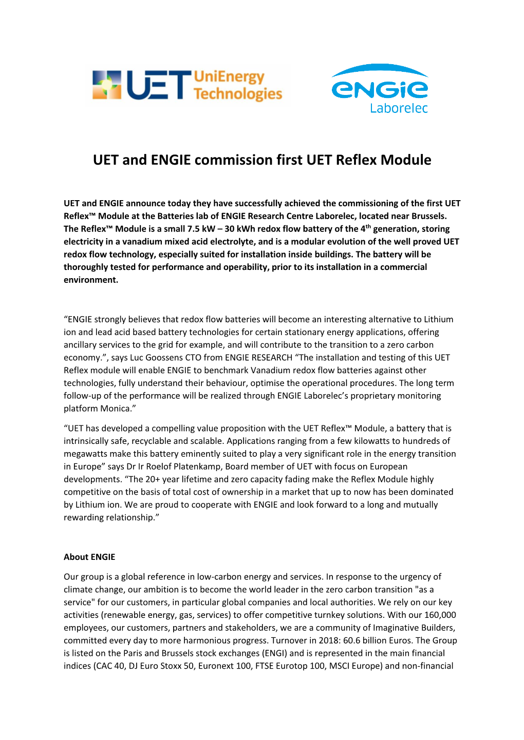 UET and ENGIE Commission First UET Reflex Module