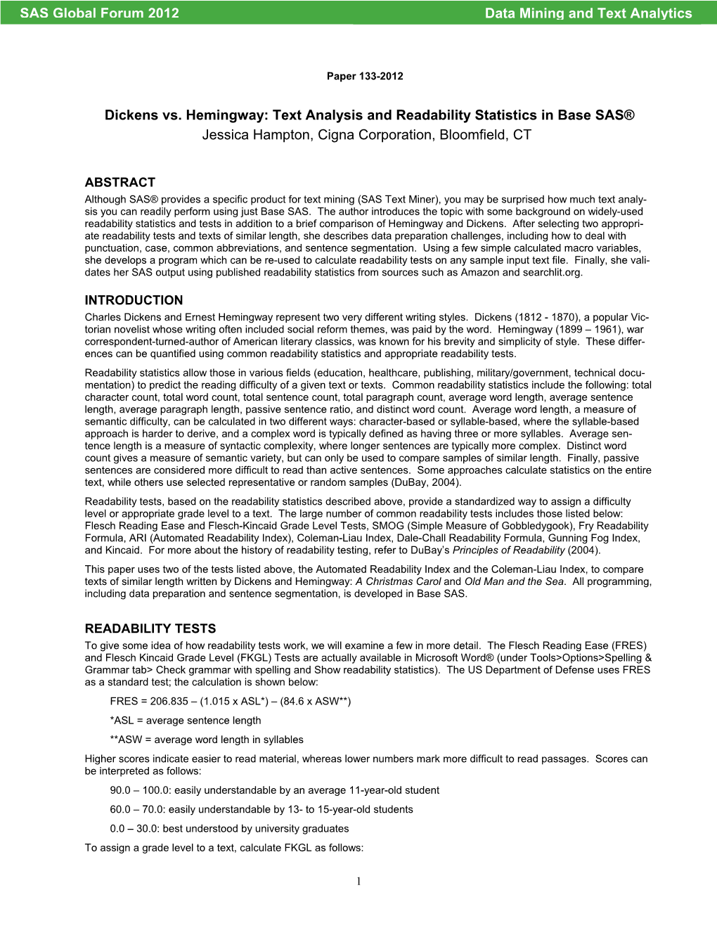 133-2012: Dickens Vs. Hemingway: Text Analysis And