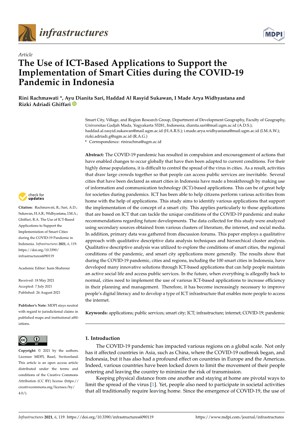 The Use of ICT-Based Applications to Support the Implementation of Smart Cities During the COVID-19 Pandemic in Indonesia