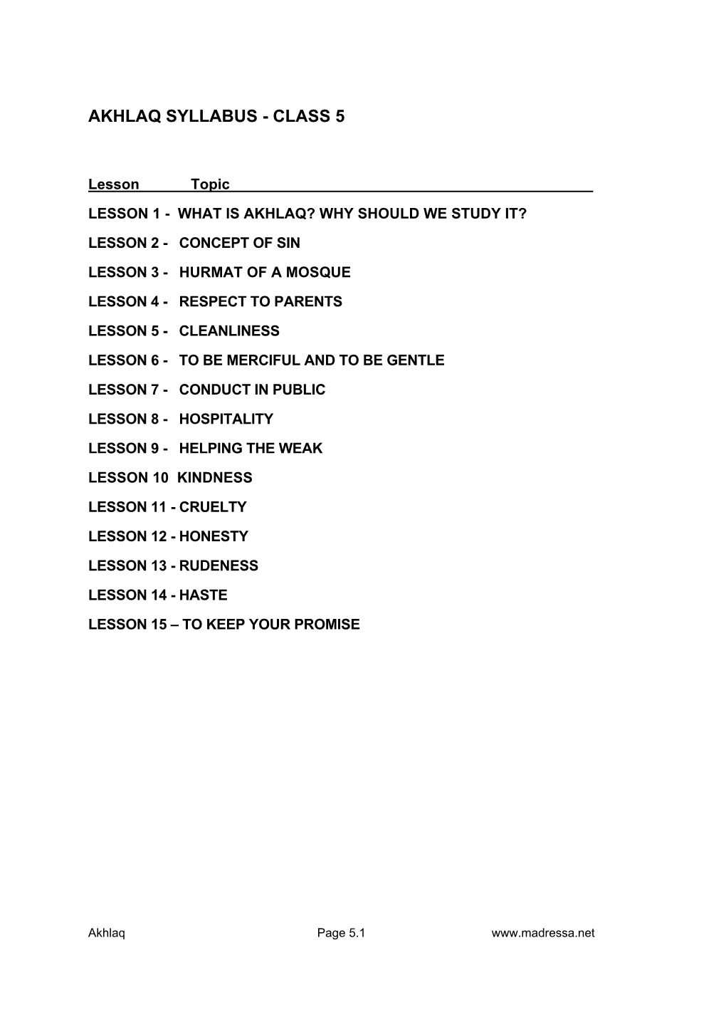 Akhlaq Syllabus - Class 5