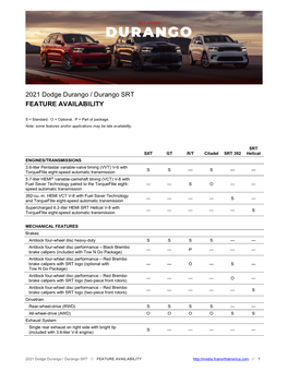 2021 Dodge Durango / Durango SRT FEATURE AVAILABILITY