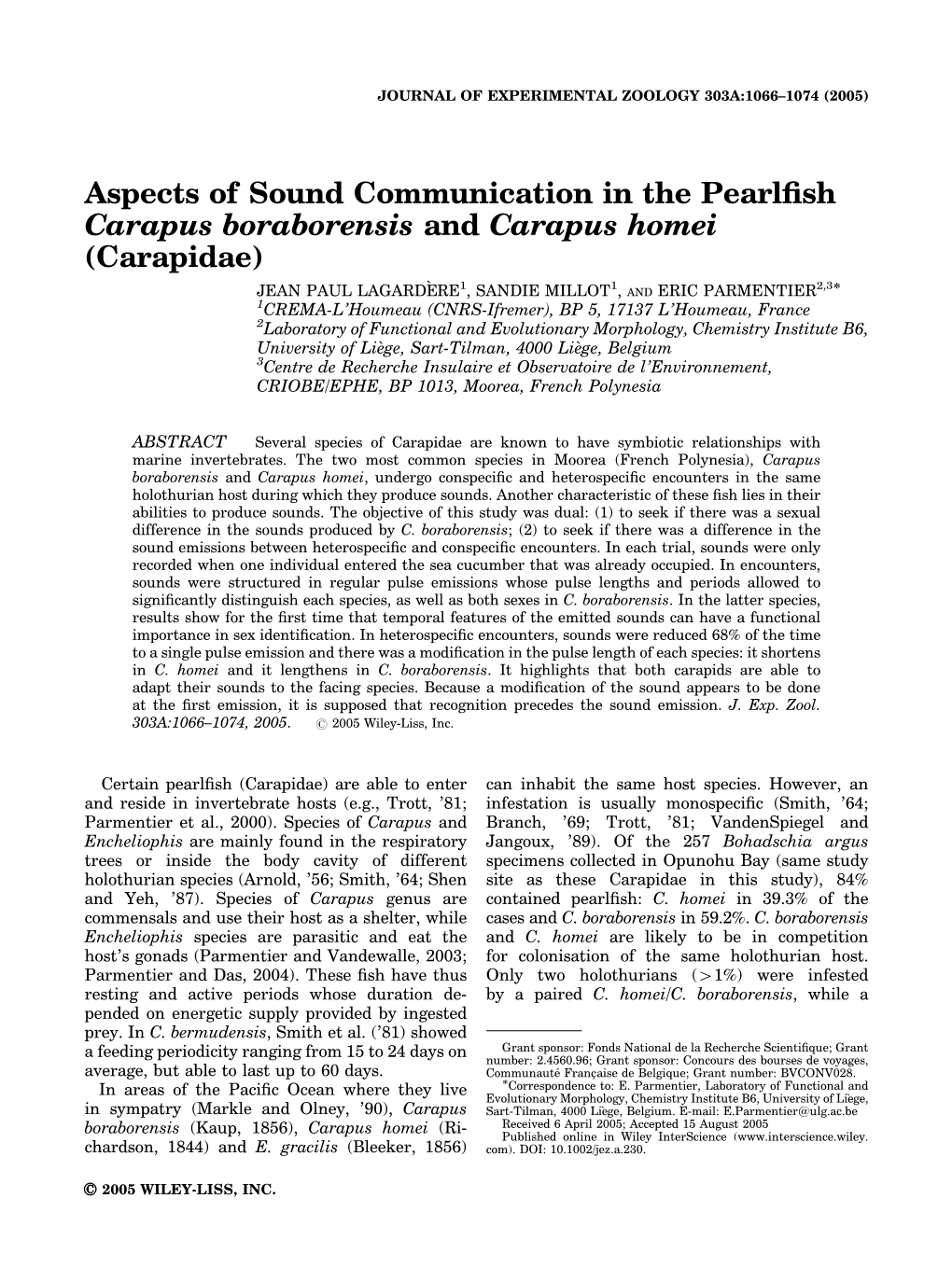Aspects of Sound Communication in the Pearlfish Carapus Boraborensis
