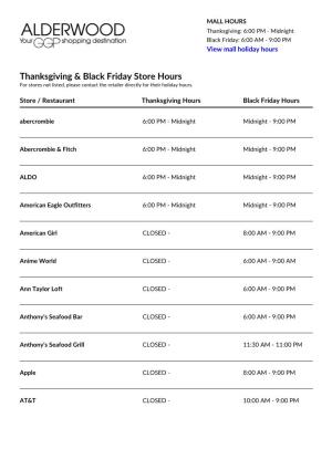 Thanksgiving & Black Friday Store Hours