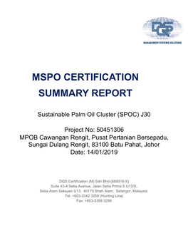 Mspo Certification Summary Report