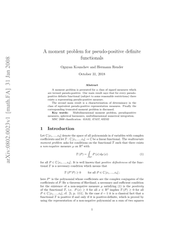 A Moment Problem for Pseudo-Positive Definite Functionals