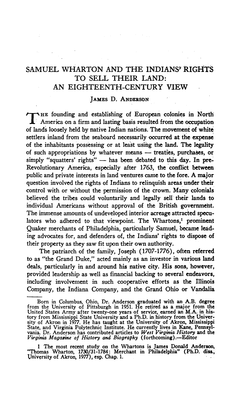 SAMUEL WHARTON and the INDIANS'rights to SELL THEIR LAND: an EIGHTEENTH-CENTURY VIEW James D