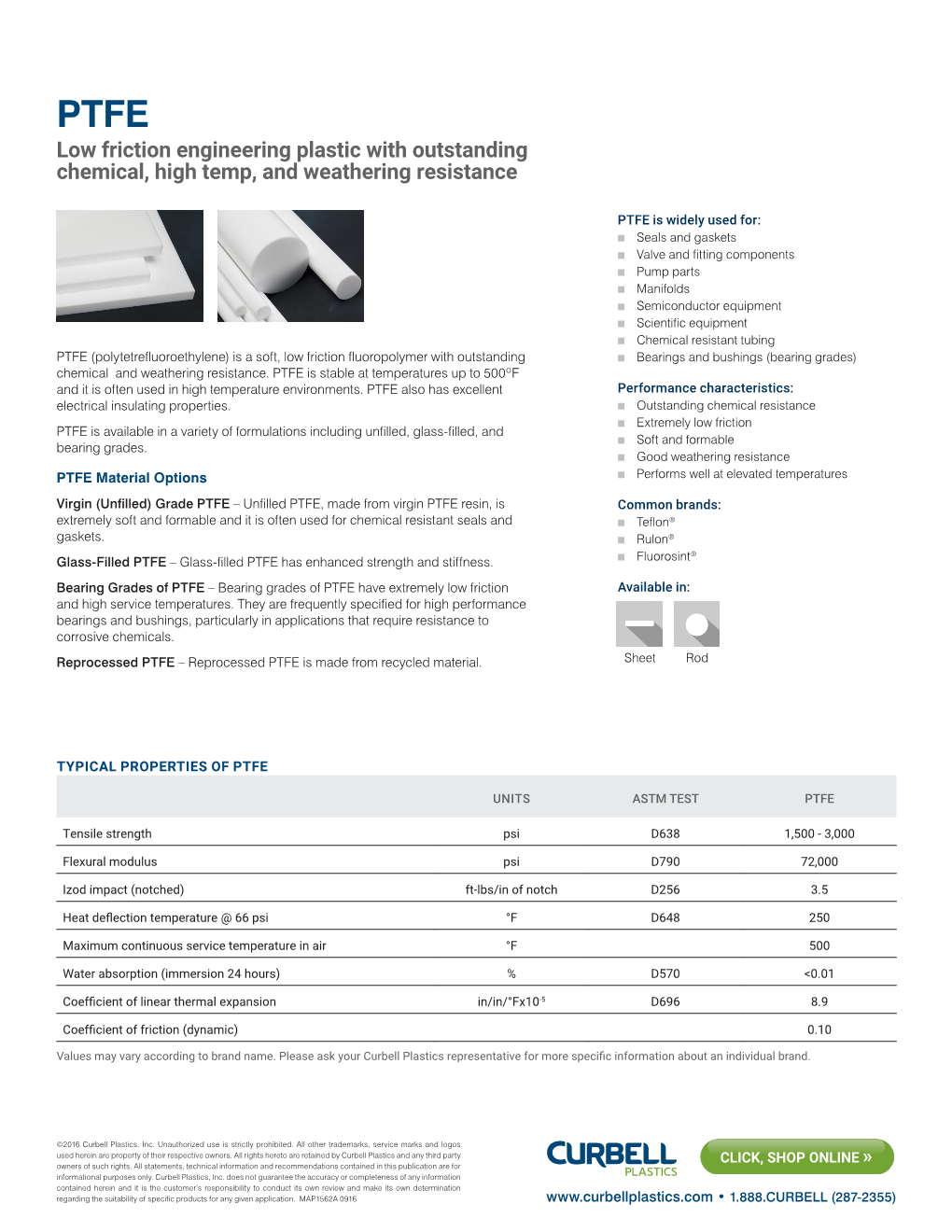 PTFE Low Friction Engineering Plastic with Outstanding Chemical, High Temp, and Weathering Resistance