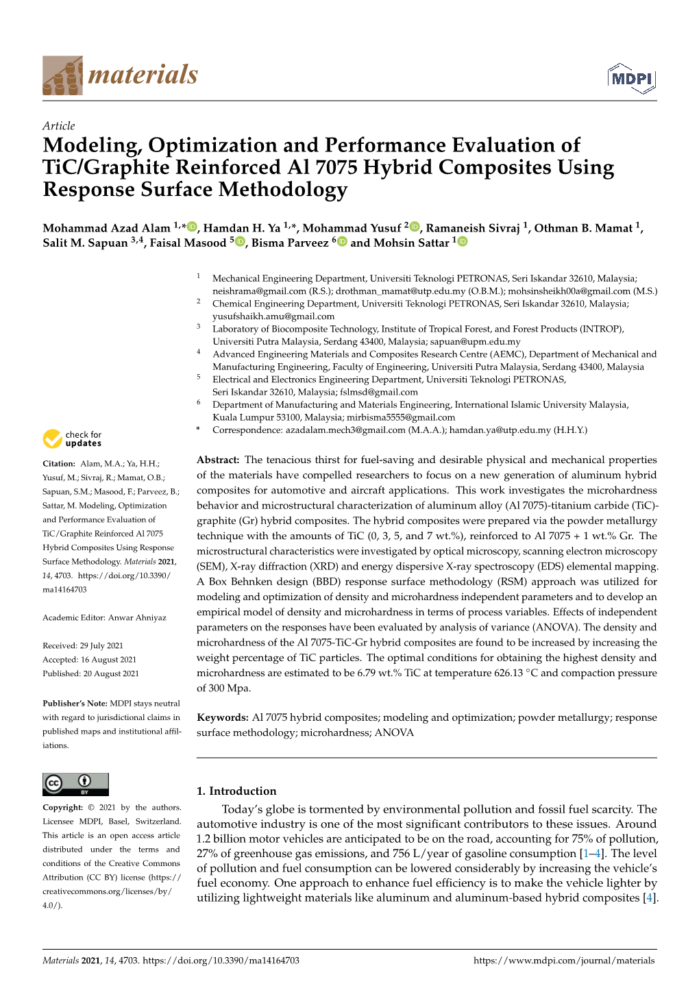 Modeling, Optimization and Performance Evaluation of Tic/Graphite Reinforced Al 7075 Hybrid Composites Using Response Surface Methodology