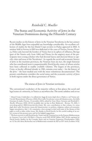 Reinhold C. Mueller the Status and Economic Activity of Jews in the Venetian Dominions During the Fifteenth Century