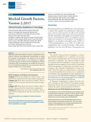 Myeloid Growth Factors, Version 2.2017, NCCN Clinical Practice Guidelines in Oncology