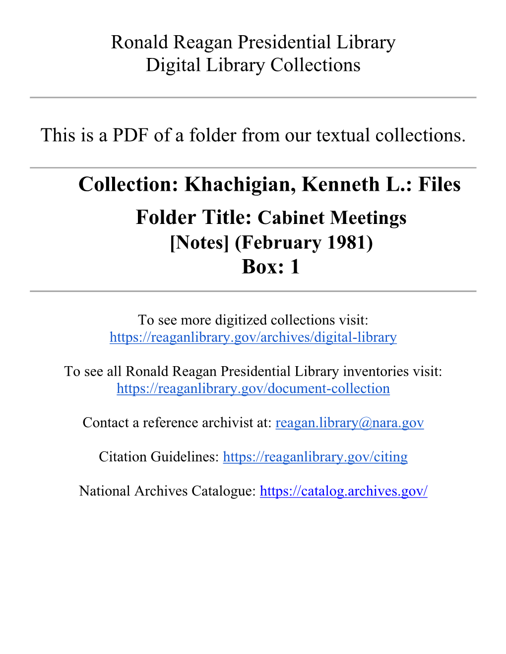 Khachigian, Kenneth L.: Files Folder Title: Cabinet Meetings [Notes] (February 1981) Box: 1