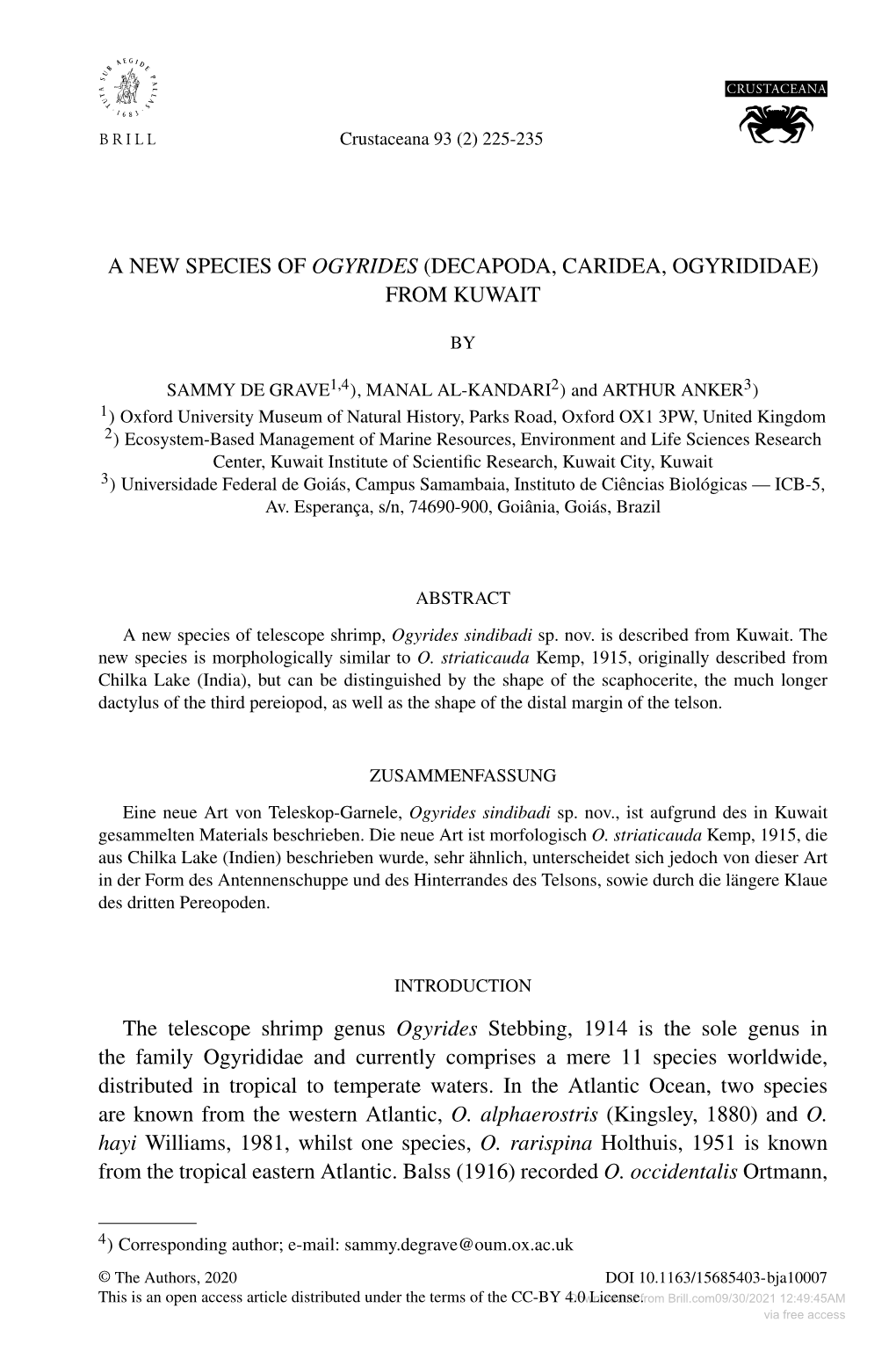 A New Species of Ogyrides (Decapoda, Caridea, Ogyrididae) from Kuwait