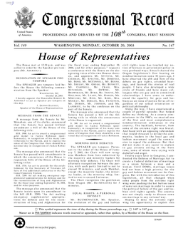 Congressional Record United States Th of America PROCEEDINGS and DEBATES of the 108 CONGRESS, FIRST SESSION