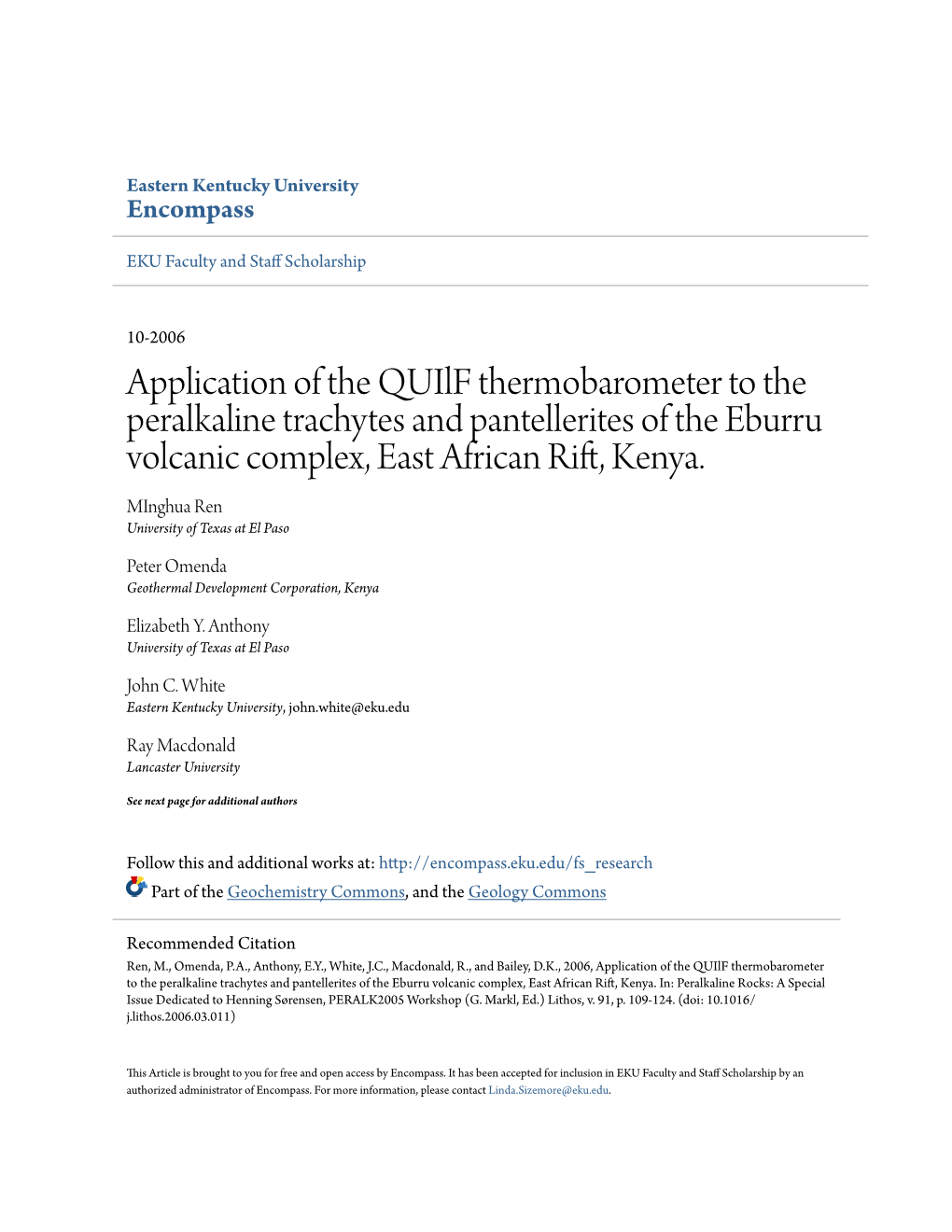 Application of the Quilf Thermobarometer to the Peralkaline Trachytes and Pantellerites of the Eburru Volcanic Complex, East African Rift, Kenya