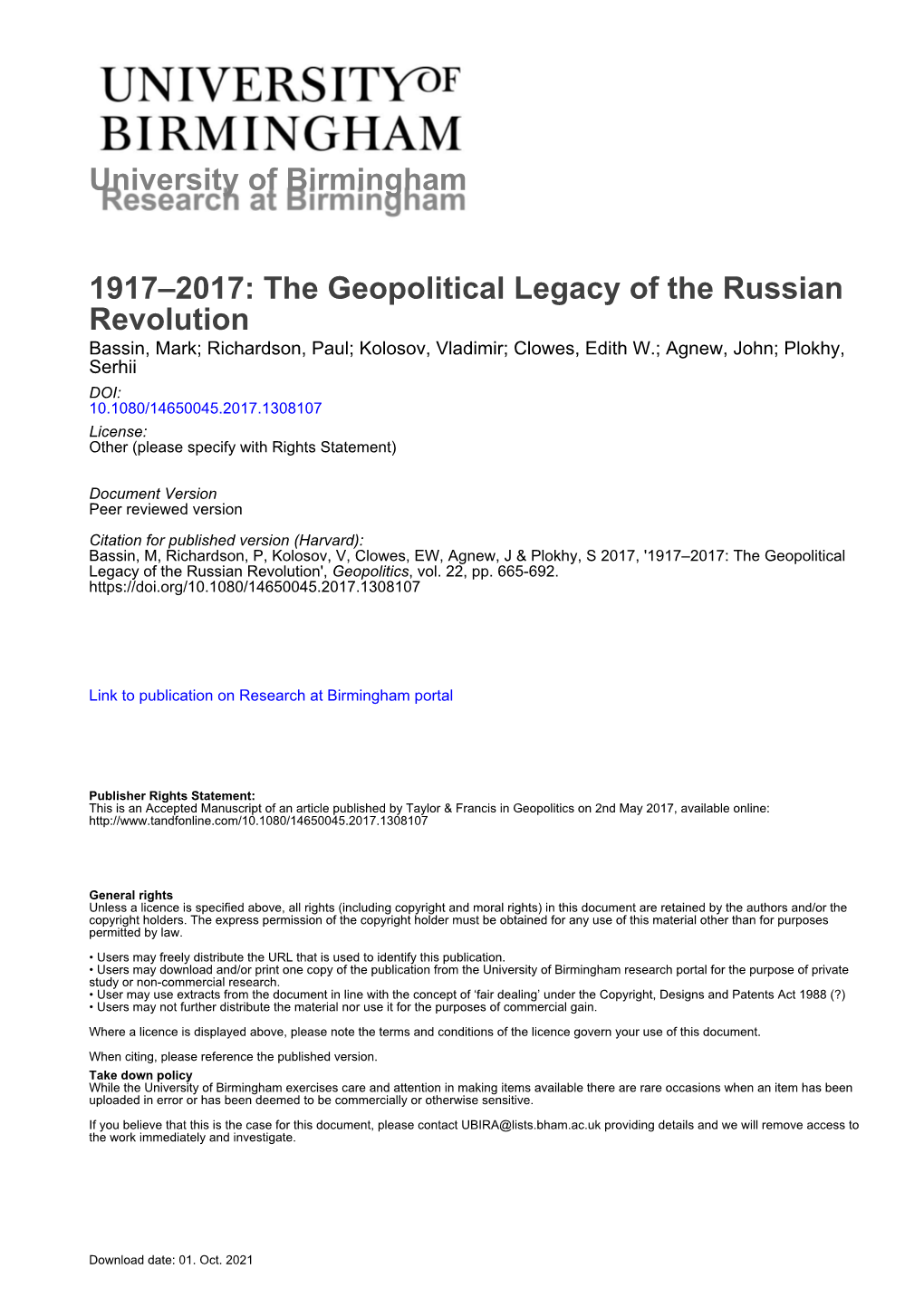 The Geopolitical Legacy of the Russian Revolution