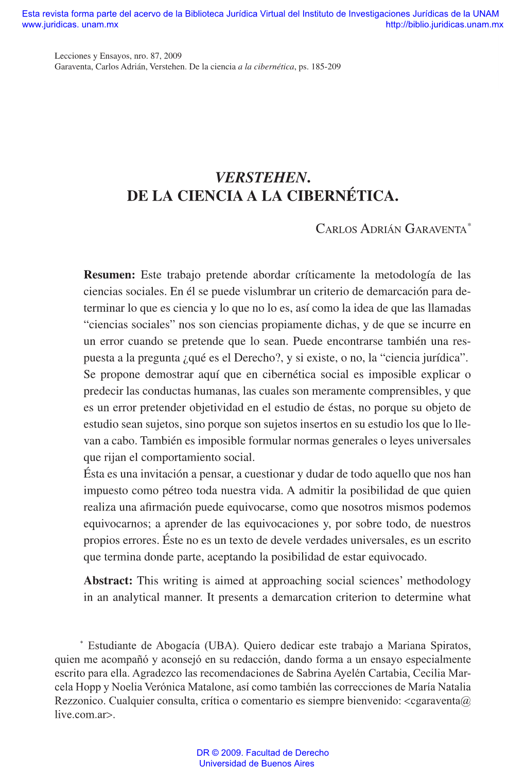 Verstehen. De La Ciencia a La Cibernética