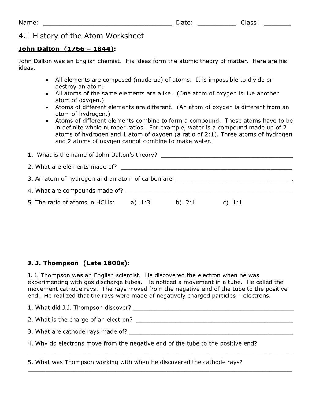 4.1 History of the Atom Worksheet