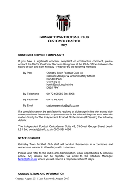 Grimsby Town Football Club Customer Charter 2017