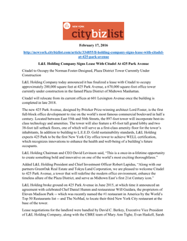 CITY BIZ LIST February 17, 2016 L&L Holding Company Signs Lease with Citadel at 425 Park