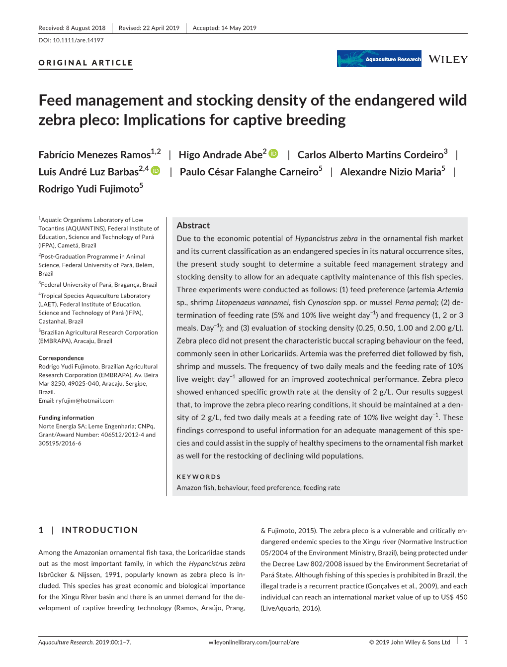 Feed Management and Stocking Density of the Endangered Wild Zebra Pleco: Implications for Captive Breeding