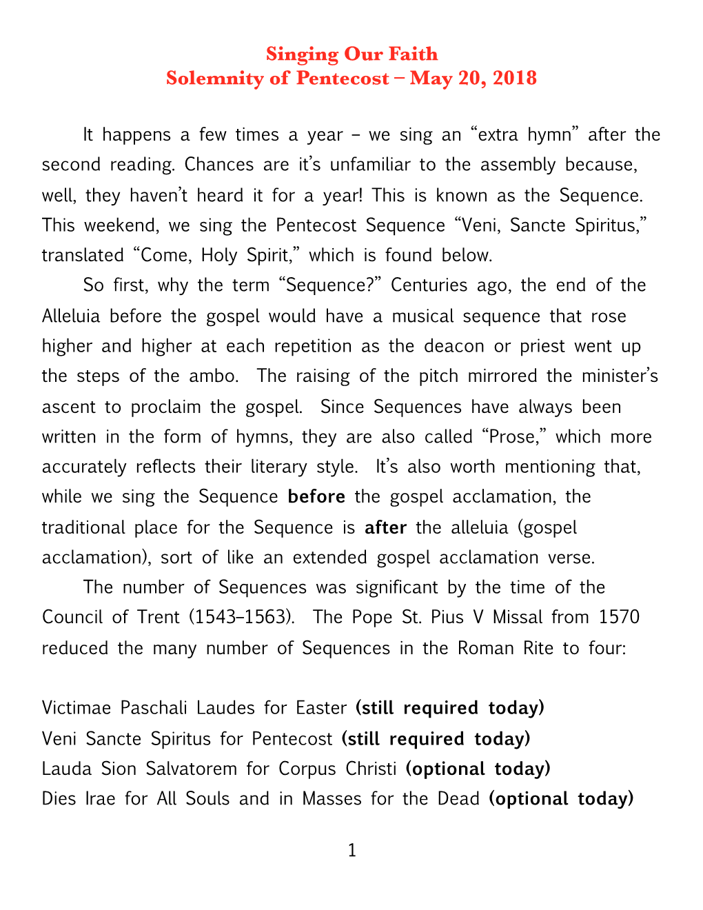 Singing Our Faith Solemnity of Pentecost – May 20, 2018