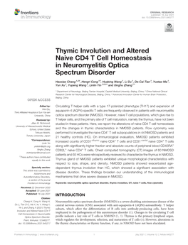 Thymic Involution and Altered Naive CD4 T Cell Homeostasis in Neuromyelitis Optica Spectrum Disorder
