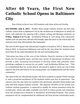 After 60 Years, the First New Catholic School Opens in Baltimore City,New Principal Named for Mother Mary Lange Catholic School