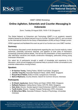Online Agitators, Extremists and Counter-Messaging in Indonesia Zoom, Tuesday 25 August 2020, 16:00-17:30 (Singapore)