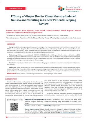 Efficacy of Ginger Use for Chemotherapy Induced Nausea and Vomiting in Cancer Patients: Scoping Review