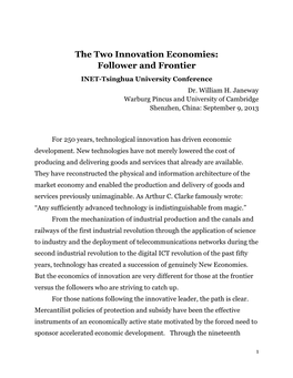 The Two Innovation Economies: Follower and Frontier INET-Tsinghua University Conference Dr