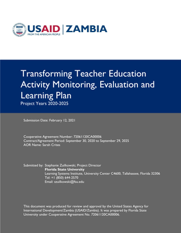 Transforming Teacher Education Activity Monitoring, Evaluation and Learning Plan Project Years 2020-2025