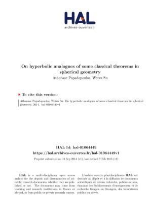 On Hyperbolic Analogues of Some Classical Theorems in Spherical Geometry Athanase Papadopoulos, Weixu Su