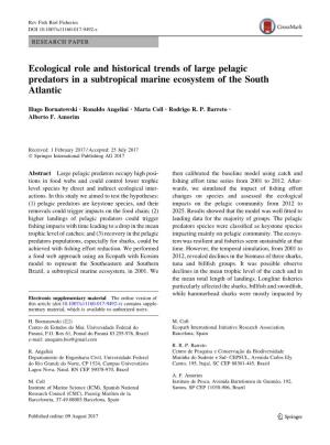 Ecological Role and Historical Trends of Large Pelagic Predators in a Subtropical Marine Ecosystem of the South Atlantic