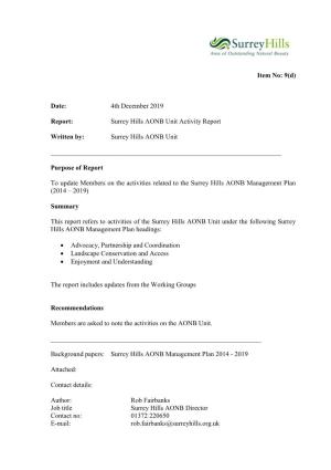 Surrey Hills AONB Unit Activity Report Written By