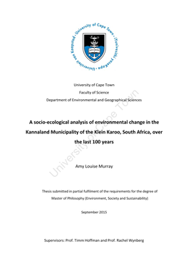 A Socio-Ecological Analysis of Environmental Change in the Kannaland Municipality of the Klein Karoo, South Africa, Over the Last 100 Years