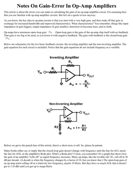 Notes on Gain-Error in Op-Amp Amplifiers This Article Is About the Errors You Can Make in Calculating the Gain of an Op-Amp Amplifier Circuit