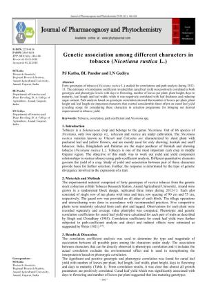 Genetic Association Among Different Characters in Tobacco (Nicotiana