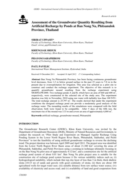 Assessment of the Groundwater Quantity Resulting from Artificial Recharge by Ponds at Ban Nong Na, Phitsanulok Province, Thailand