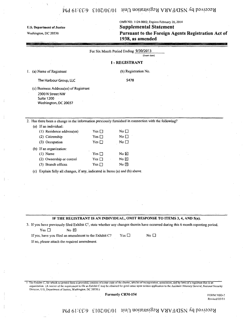 Supplemental Statement Washington, DC 20530 Pursuant to the Foreign Agents Registration Act of 1938, As Amended