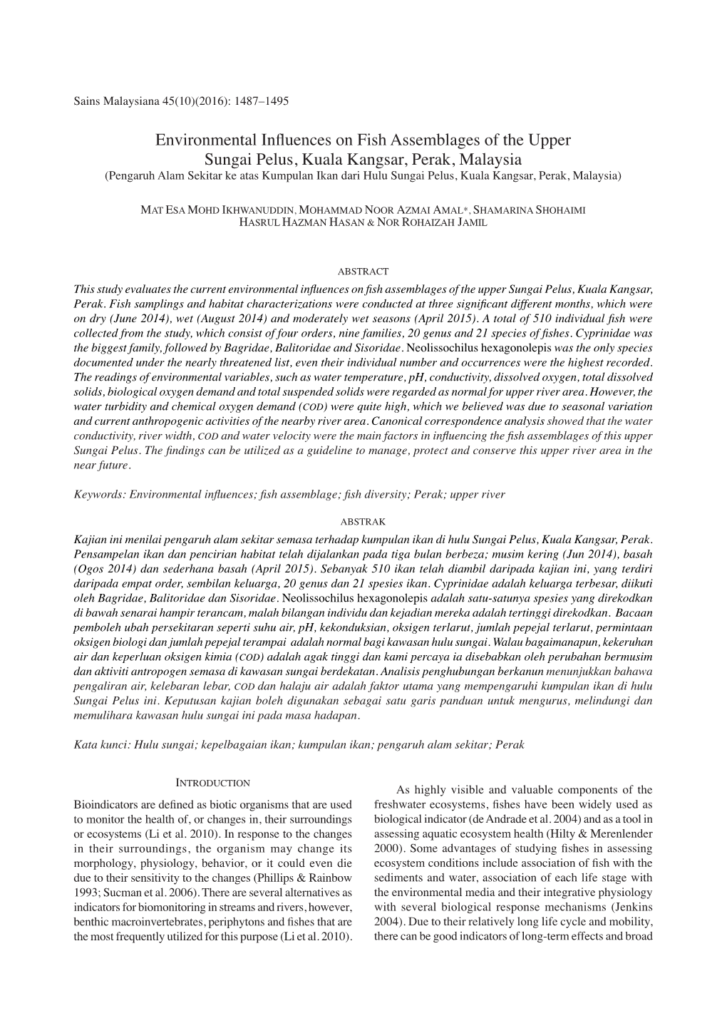 Environmental Influences on Fish Assemblages of the Upper Sungai