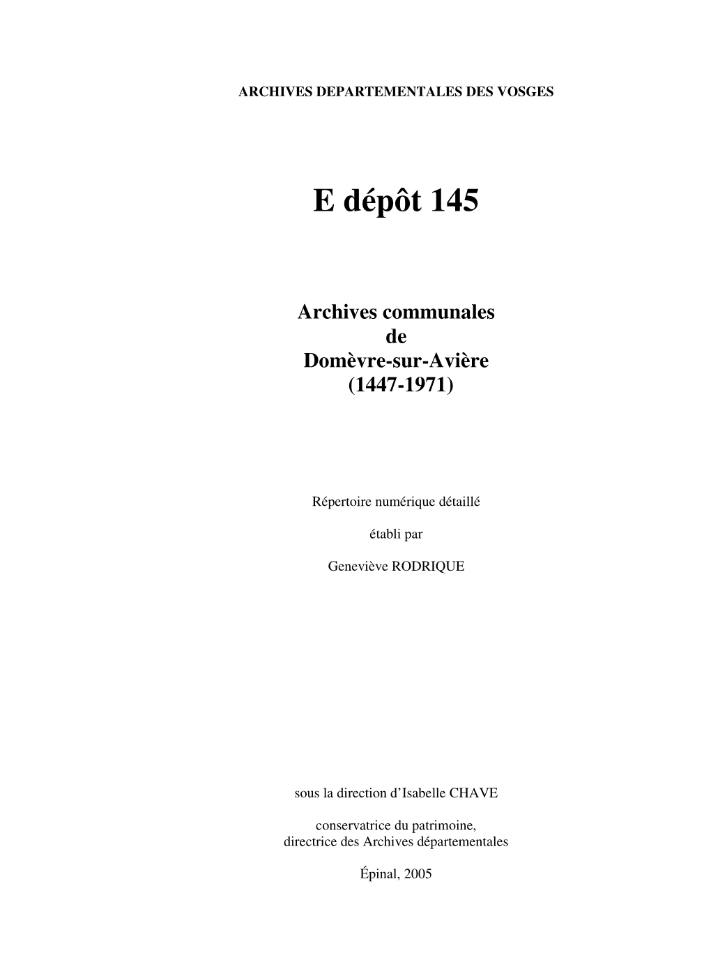 E Dépôt 145 Archives Communales De Domèvre-Sur-Avière