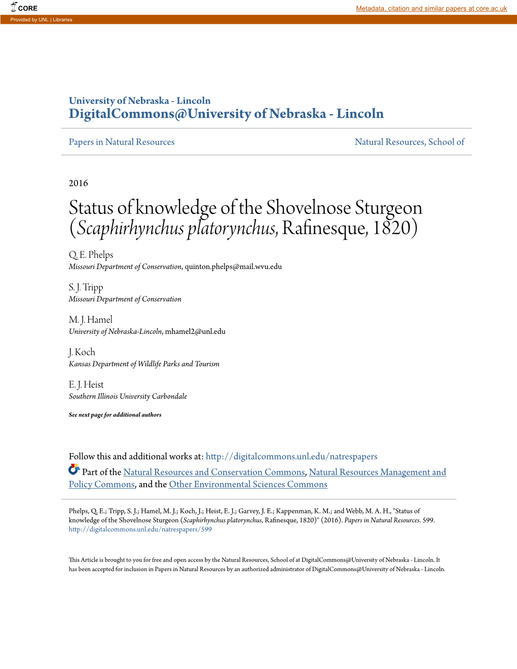 Status of Knowledge of the Shovelnose Sturgeon (Scaphirhynchus Platorynchus, Rafinesque, 1820) Q