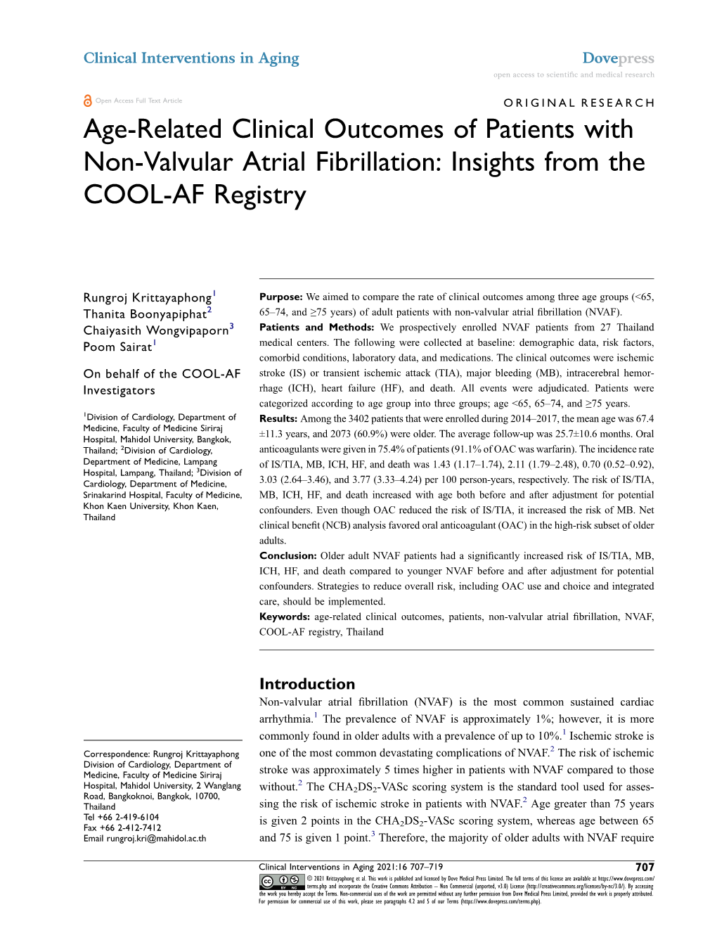 Age-Related Clinical Outcomes of Patients with Non-Valvular Atrial Fibrillation: Insights from the COOL-AF Registry